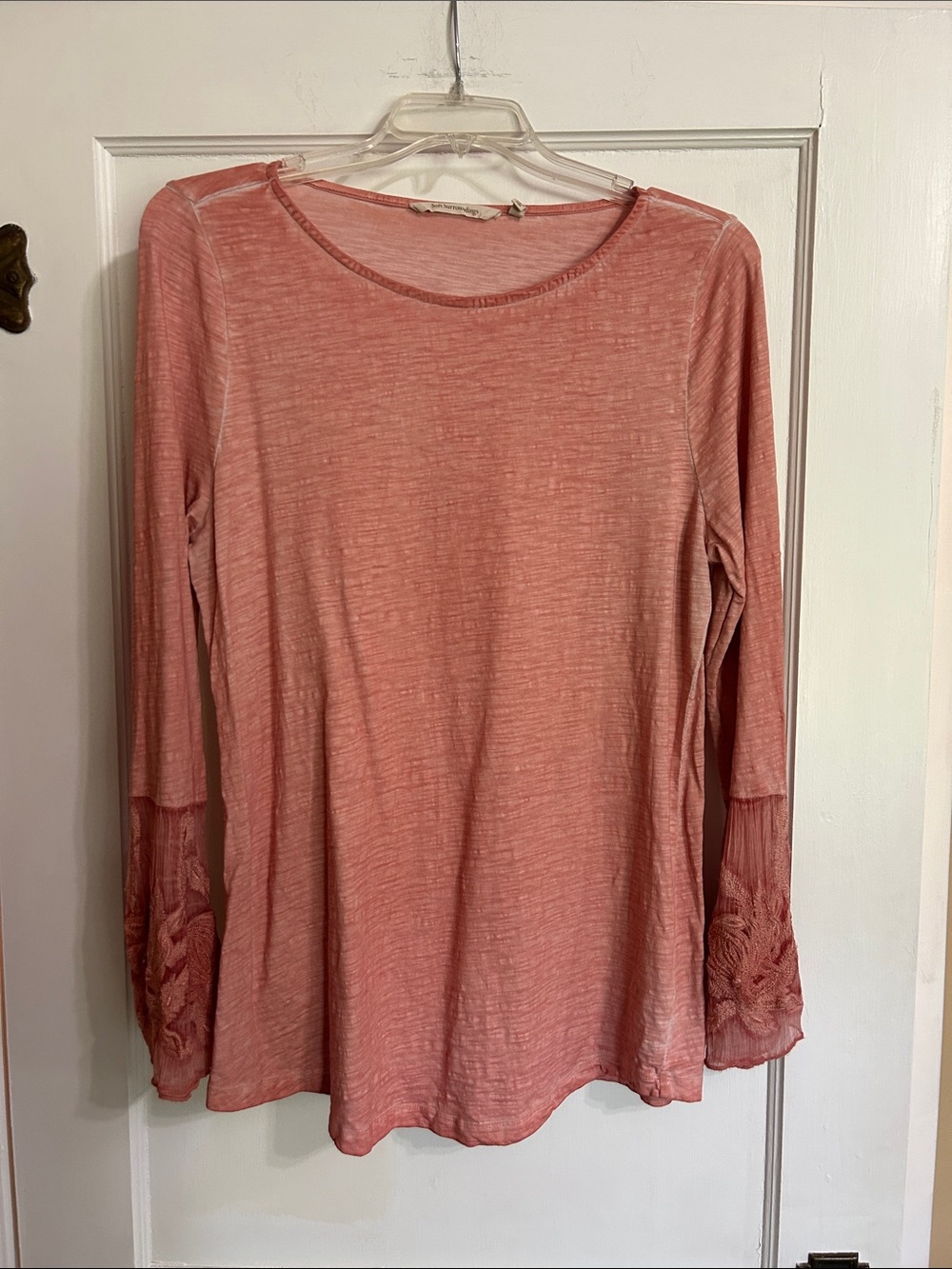 Soft Surroundings Dusty Peach Long Sleeve Top with Lace Cuffs